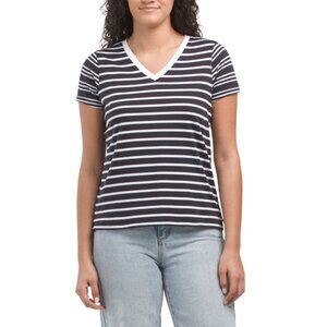 GOLDIE TEE Navy Pima Cotton Mixed Stripe V-neck Boy Tee